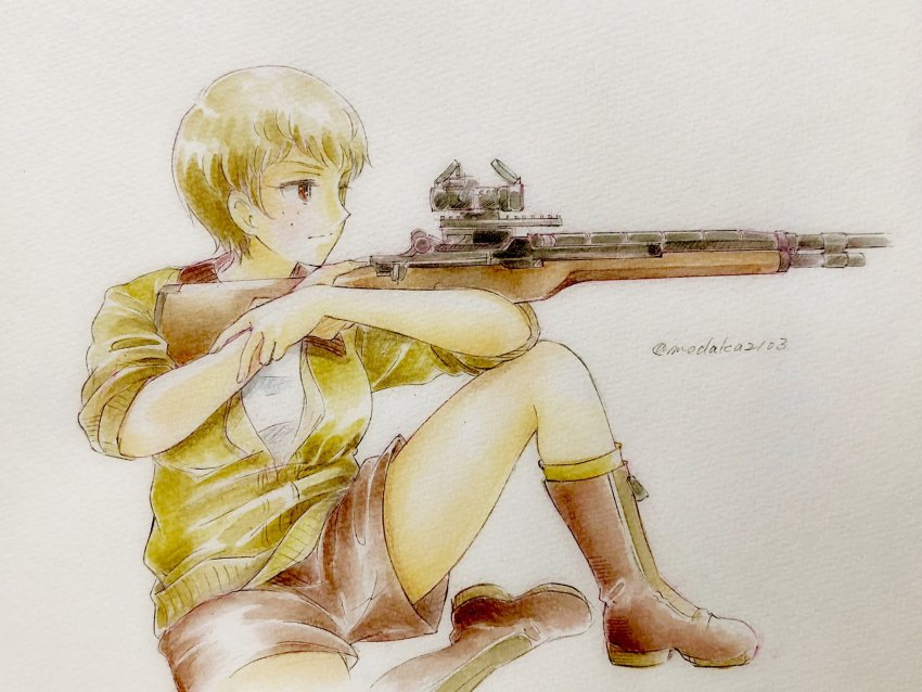1girl, aiming, black_boots, black_shorts, boots, brown_eyes, brown_hair, brown_jacket