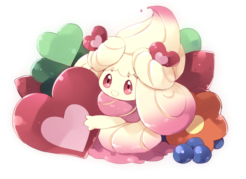 alcremie, alcremie_(love_sweet), berry, commentary_request, gen_8_pokemon, holding, kirimi_maguro, looking_at_viewer