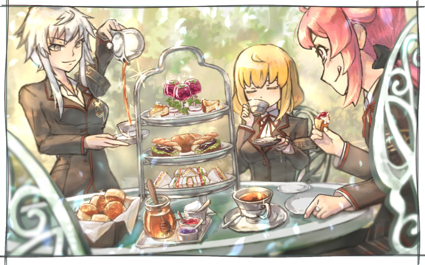 3girls, blonde_hair, blouse, blurry, cake, cake_slice, cake_stand, chair