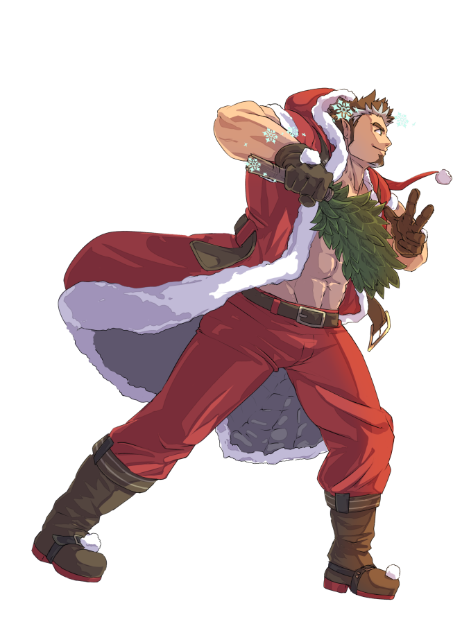 1boy, abs, ahamma, bara, belt, brown_belt, brown_hair, christmas