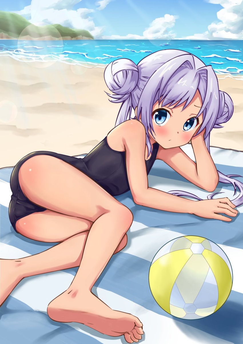 1girl, ass, ball, barefoot, beach, beachball, blue_eyes, blue_one-piece_swimsuit