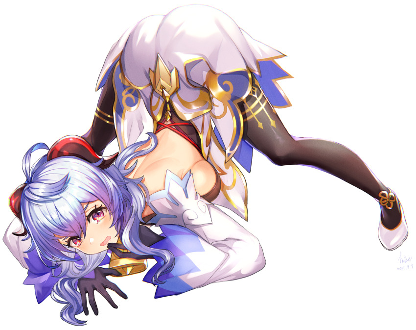 1girl, ahoge, arched_back, bell, black_gloves, black_legwear, blue_hair, breasts, commentary, cowbell, dated, detached_sleeves, eyelashes, flexible, ganyu_(genshin_impact), genshin_impact, gloves, goat_horns, hair_between_eyes, horns, jack-o'_challenge, long_hair, looking_at_viewer, neck_bell, open_mouth, shoulder_blades, signature, simple_background, solo, spread_legs, ta-to_(sprout), top-down_bottom-up, white_background, white_footwear