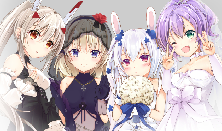 4girls, ;d, animal_ears, ayanami_(azur_lane), ayanami_(nightfall_raiment)_(azur_lane), azur_lane, bare_shoulders, black_bow