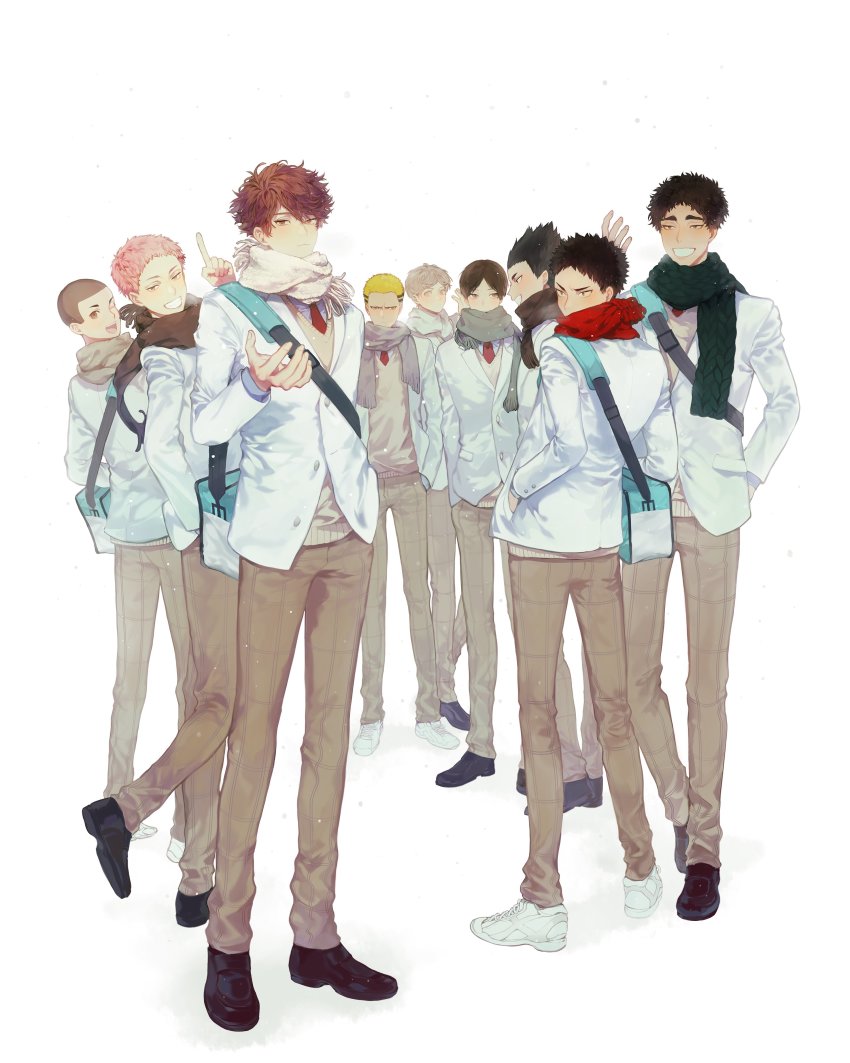 6+boys, absurdres, bag, black_hair, blonde_hair, brown_hair, full_body, grin