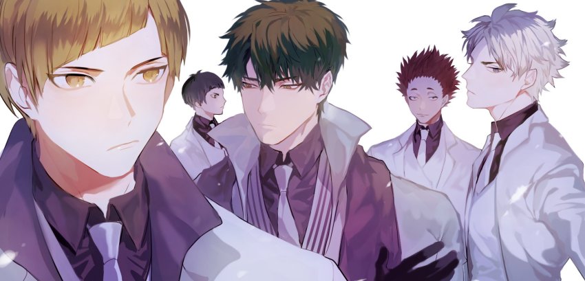 5boys, alternate_costume, black_hair, brown_eyes, brown_hair, closed_mouth, dress_shirt, eyebrows
