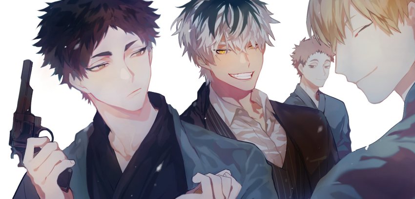 4boys, akaashi_keiji, alternate_costume, alternate_hairstyle, black_hair, black_kimono, blonde_hair, bokuto_koutarou, closed_mouth, collared_shirt, dress_shirt, closed_eyes, formal_clothes, grey_hair, grin, gun, haikyuu!!, hair_down, highres, holding, holding_gun, holding_weapon, japanese_clothes, kimono, konoha_akinori, looking_at_viewer, male_focus, mgmg_1012, multiple_boys, sarukui_yamato, shirt, short_hair, smile, teeth, weapon, white_shirt, yellow_eyes
