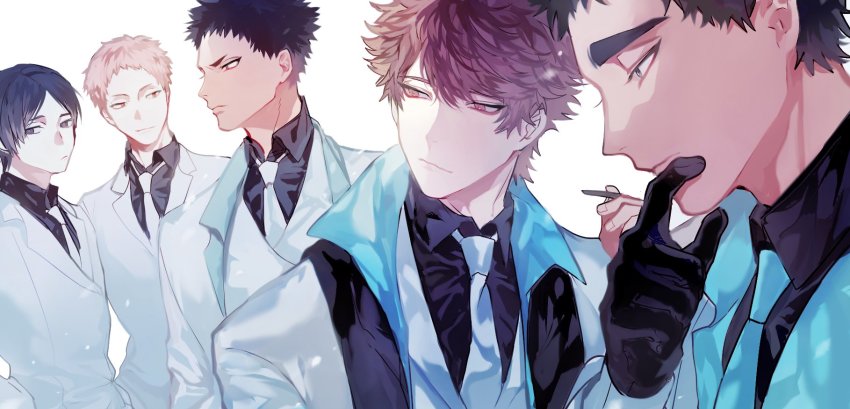 5boys, alternate_costume, black_gloves, black_hair, brown_eyes, brown_hair, closed_mouth, dress_shirt