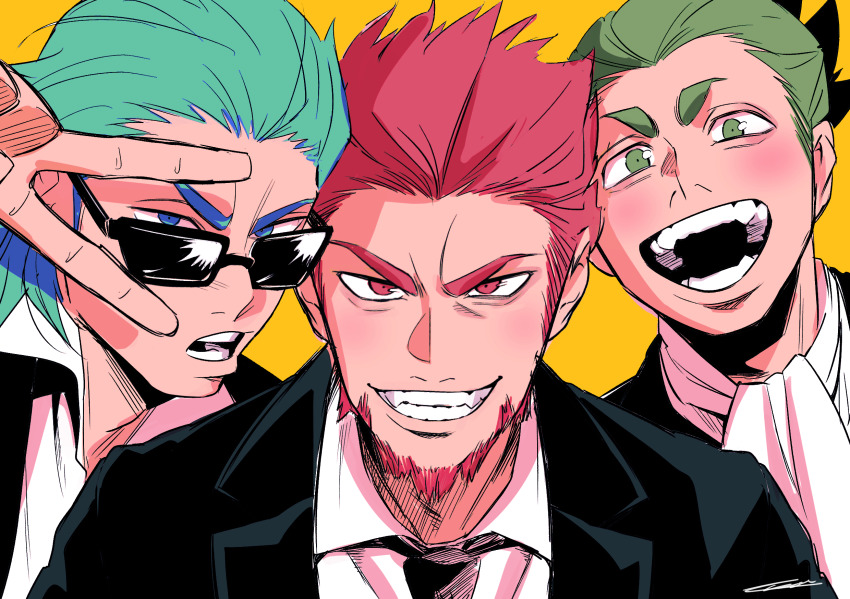 2bro., 3boys, :d, anija_(2bro.), aqua_hair, beard, blue_eyes, enkadesukedo, facial_hair, formal_clothes, green_eyes, green_hair, grin, highres, male_focus, multiple_boys, necktie, open_mouth, otoja_(2bro.), otsuichi_(2bro.), red_eyes, red_hair, short_hair, smile, suit, sunglasses, teeth, upper_body, v, yellow_background