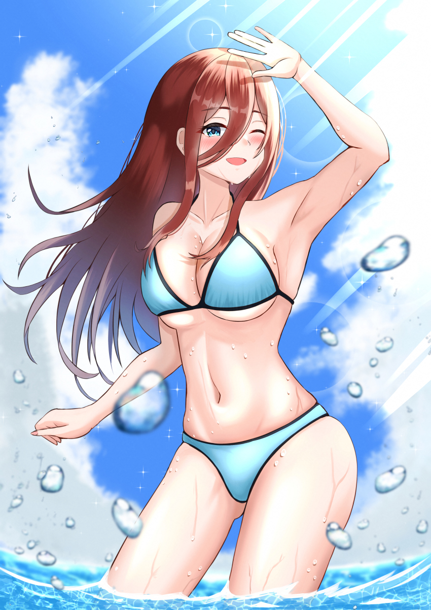 1girl, :d, absurdres, arm_up, bare_shoulders, bikini, blue_bikini, blue_eyes