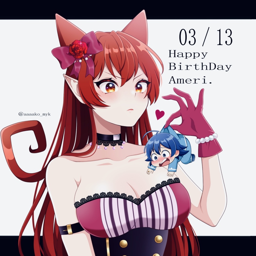 1boy, 1girl, ahoge, arm_strap, azazel_ameri, bare_shoulders, black_choker, blue_eyes, blue_hair, blue_jacket, blue_pants, blush, bow, breasts, character_name, chibi, chibi_inset, choker, cleavage, collarbone, commentary_request, dated, demon_girl, dress, flower, gloves, hair_between_eyes, hair_horns, happy_birthday, heart, highres, horn_bow, horn_ornament, horns, jacket, lace-trimmed_choker, lace_trim, large_breasts, letterboxed, long_hair, mairimashita!_iruma-kun, pants, pink_lips, pointy_ears, purple_bow, purple_dress, purple_gloves, red_eyes, red_flower, red_hair, red_rose, rose, strapless, strapless_dress, suzuki_iruma, tibeey_kr, twitter_username, upper_body