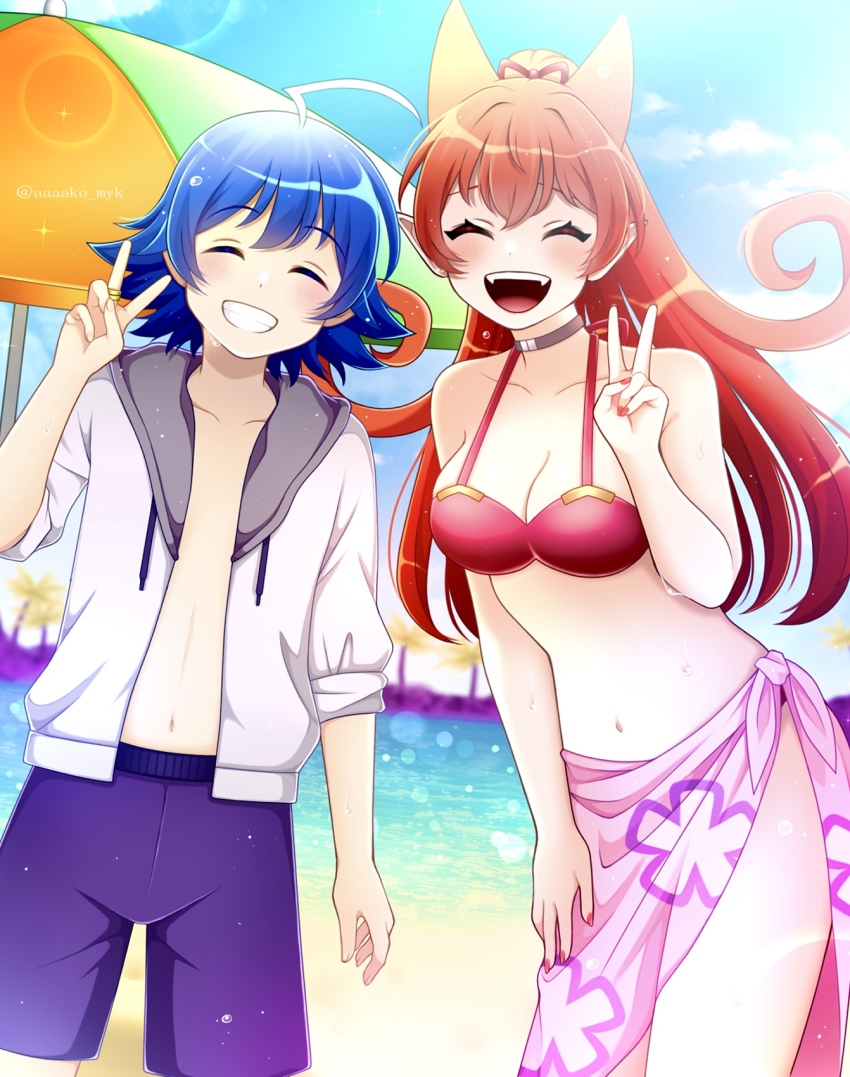 1boy, 1girl, :d, ahoge, azazel_ameri, bare_shoulders, beach, beach_umbrella, bikini, black_choker, blue_hair, blue_sky, breasts, choker, cleavage, closed_eyes, collarbone, commentary_request, curly_hair, day, demon_girl, hair_horns, highres, jacket, jewelry, large_breasts, mairimashita!_iruma-kun, male_swimwear, midriff, nail_polish, navel, ocean, one-piece_swimsuit, open_clothes, open_jacket, open_mouth, outdoors, pink_sarong, pointy_ears, ponytail, purple_male_swimwear, purple_one-piece_swimsuit, purple_swim_trunks, red_bikini, red_hair, ring, sarong, sky, smile, suzuki_iruma, swim_trunks, swimsuit, tibeey_kr, twitter_username, umbrella, v