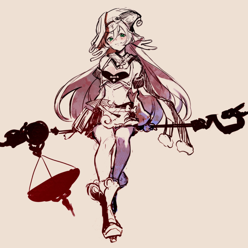 1girl, blush, boots, breasts, brown_background, cleavage, closed_mouth, crop_top