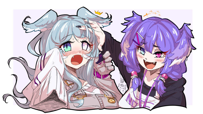 2girls, black_sweater, blue_eyes, blue_hair, blush, braid, breasts, elira_pendora, elira_pendora_(1st_costume), ember_(selen_tatsuki), fangs, hair_ornament, hairclip, hand_on_another's_head, head_wings, heterochromia, highres, long_hair, long_sleeves, maxeggq, medium_breasts, medium_hair, multiple_girls, nijisanji, nijisanji_en, off_shoulder, open_mouth, pikl_(elira_pendora), purple_eyes, purple_hair, selen_tatsuki, selen_tatsuki_(1st_costume), siblings, sisters, sleeves_past_fingers, sleeves_past_wrists, smile, surprised, sweater, twin_braids, virtual_youtuber, white_sweater, wings