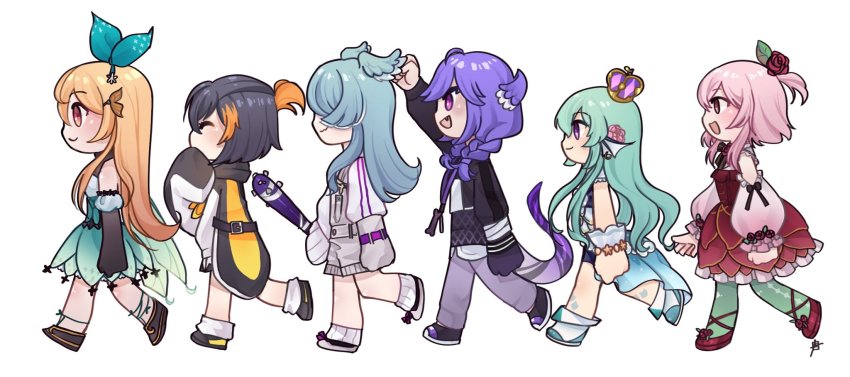 6+girls, ^_^, baseball_bat, black_footwear, black_gloves, black_hair, black_sweater, blonde_hair, brown_hair, butterfly_hair_ornament, chibi, closed_eyes, commentary, elbow_gloves, elira_pendora, elira_pendora_(1st_costume), english_commentary, fang, finana_ryugu, finana_ryugu_(1st_costume), fins, fish_girl, flower, from_side, gloves, green_skirt, grey_gloves, grey_overalls, hair_flower, hair_ornament, head_fins, high-waist_skirt, highres, holding, holding_baseball_bat, lanyard, lazulight, long_sleeves, multiple_girls, nijisanji, nijisanji_en, obsydia, open_mouth, overall_shorts, overalls, petra_gurin, petra_gurin_(1st_costume), pink_eyes, pink_hair, pomu_rainpuff, pomu_rainpuff_(1st_costume), purple_eyes, red_flower, red_rose, rose, rosemi_lovelock, rosemi_lovelock_(1st_costume), s_h_i_e, selen_tatsuki, selen_tatsuki_(1st_costume), short_hair, single_glove, skin_fang, skirt, sleeves_past_fingers, sleeves_past_wrists, smile, spiked_bat, sweater, virtual_youtuber, walking, white_background, white_sweater