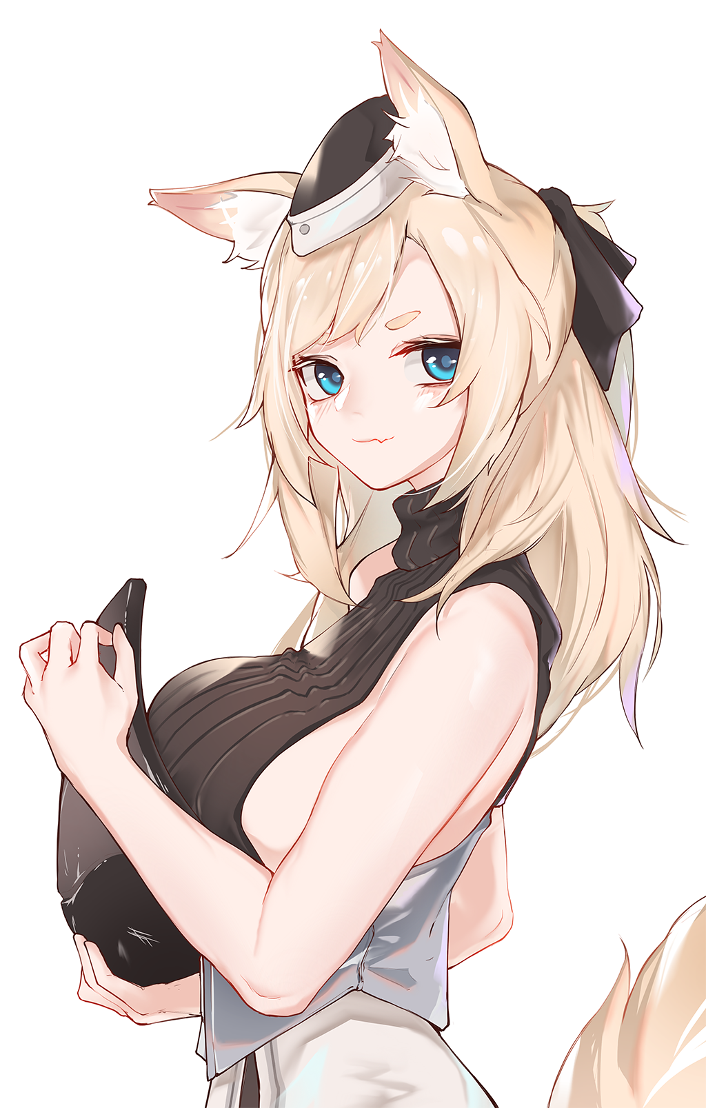 1girl, animal_ear_fluff, animal_ears, arknights, armor, black_hat, black_sweater, blonde_hair