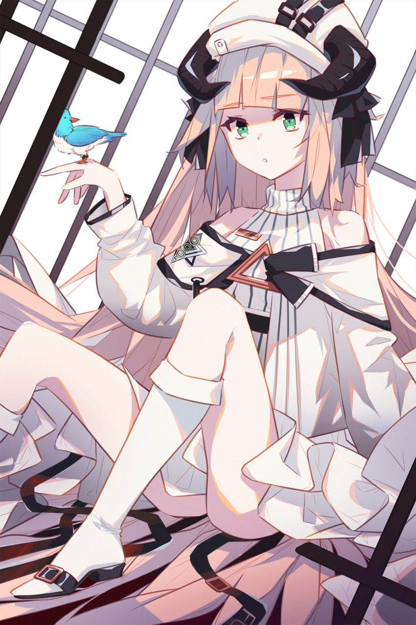 1girl, :o, arknights, bird, bird_on_hand, black_horns, blonde_hair, blue_bird