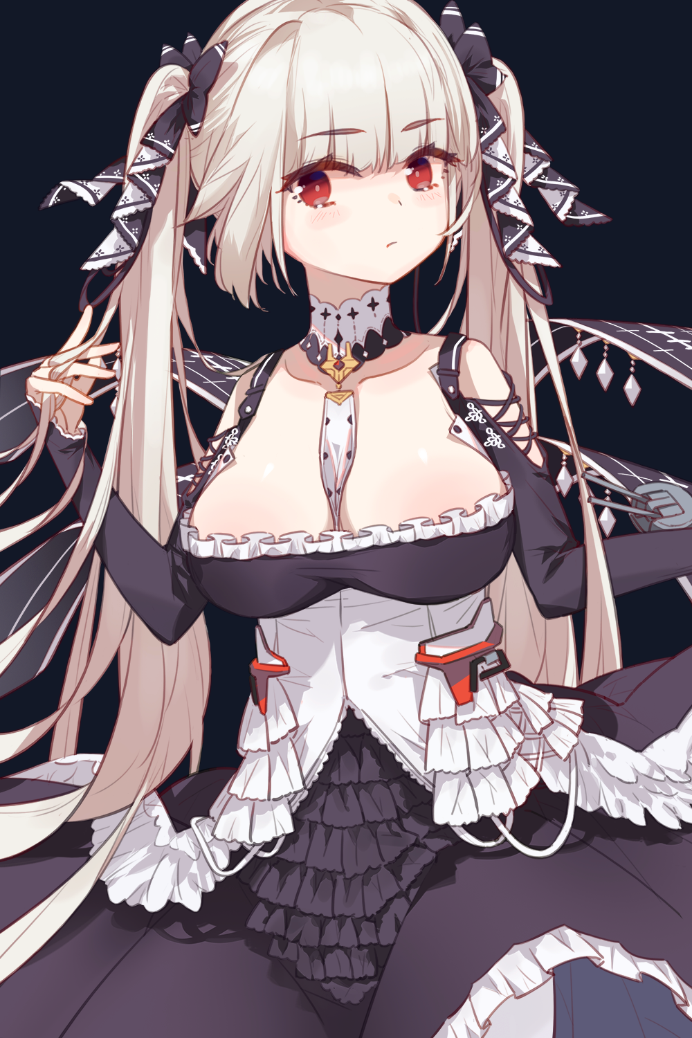 1girl, azur_lane, black_background, black_dress, breasts, choker, cleavage, closed_mouth, commentary_request, cuicuijiao, dress, formidable_(azur_lane), frilled_dress, frills, frown, grey_hair, hand_in_own_hair, hand_up, highres, large_breasts, long_hair, long_sleeves, looking_at_viewer, off-shoulder_shirt, off_shoulder, red_eyes, shirt, simple_background, sleeves_past_wrists, solo, twintails, two-tone_dress, very_long_hair, white_dress