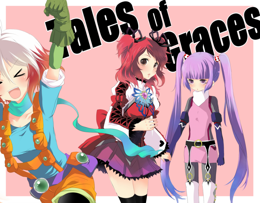 3girls, bad_id, bad_pixiv_id, blue_shirt, brown_eyes, cheria_barnes, copyright_name, gloves