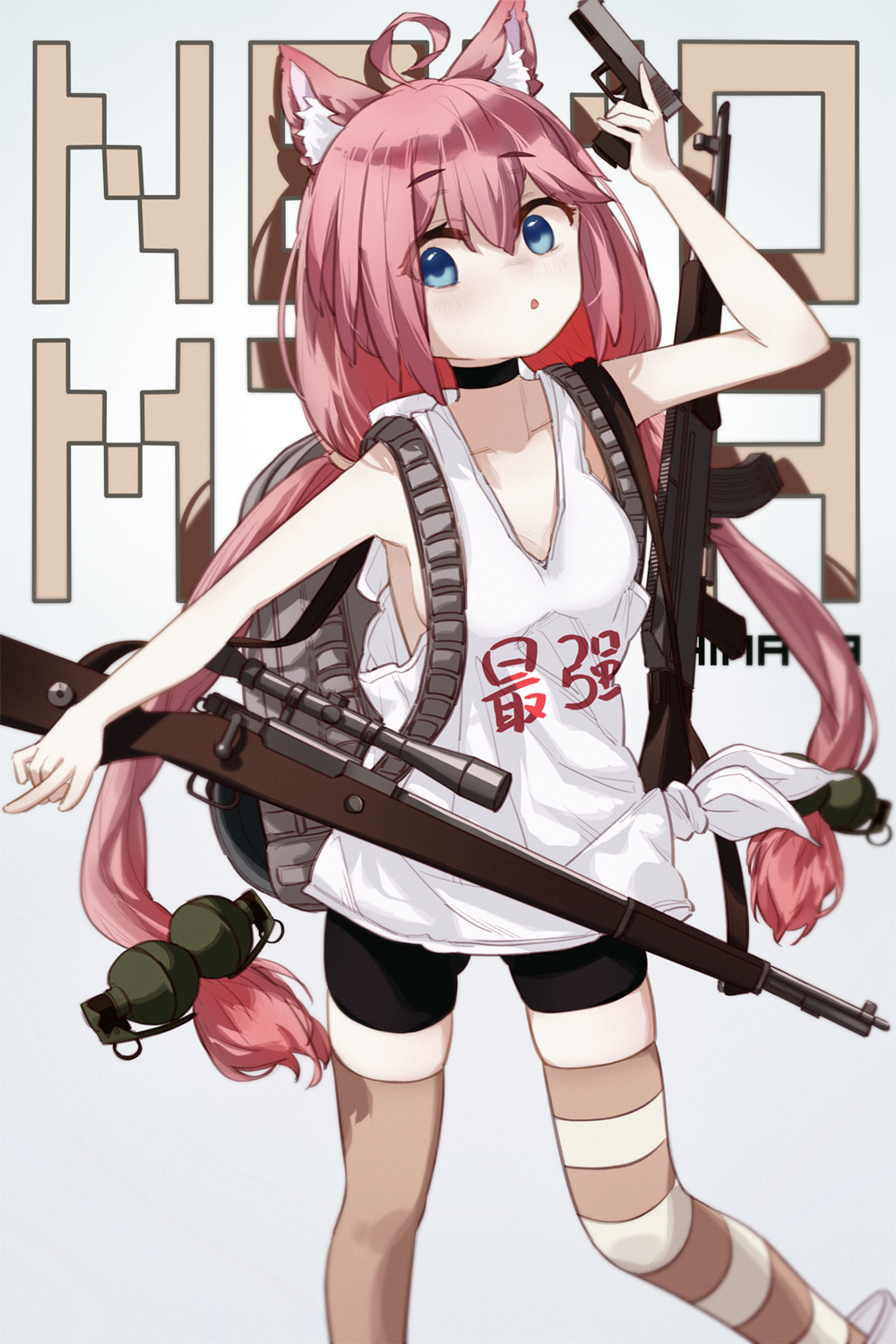 1girl, :o, ahoge, akm, animal_ear_fluff, animal_ears, assault_rifle, asymmetrical_legwear
