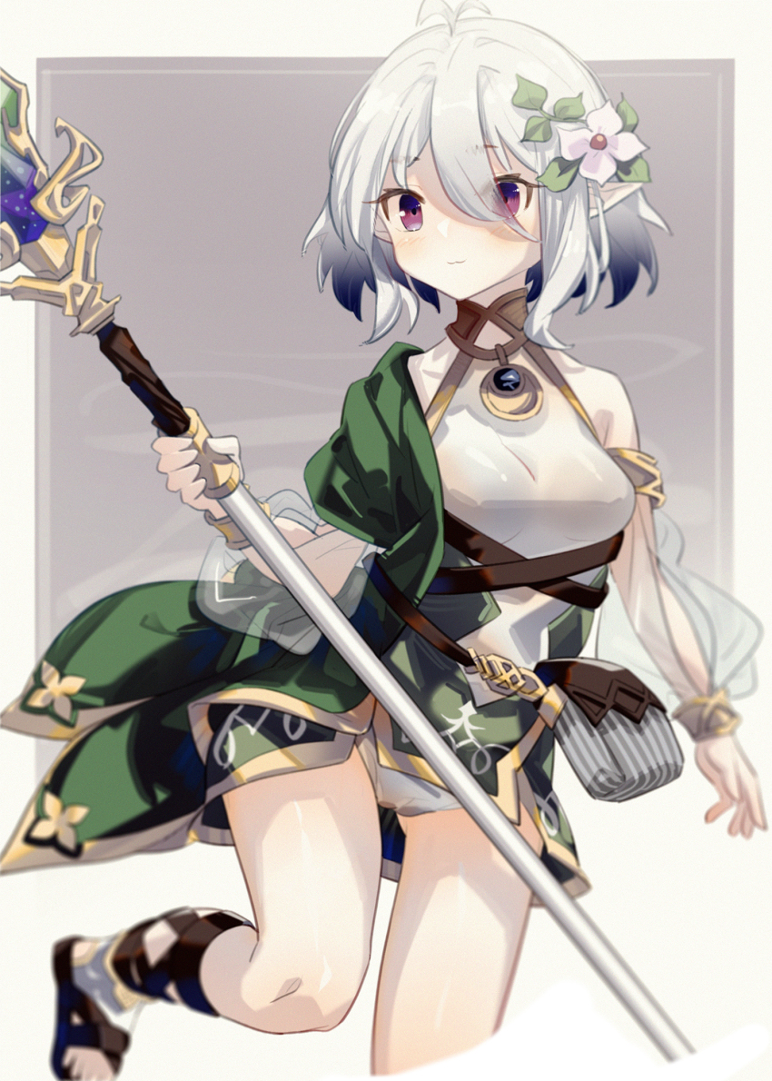 1girl, bare_shoulders, black_sandals, blurry, breasts, cleavage, cloak, closed_mouth