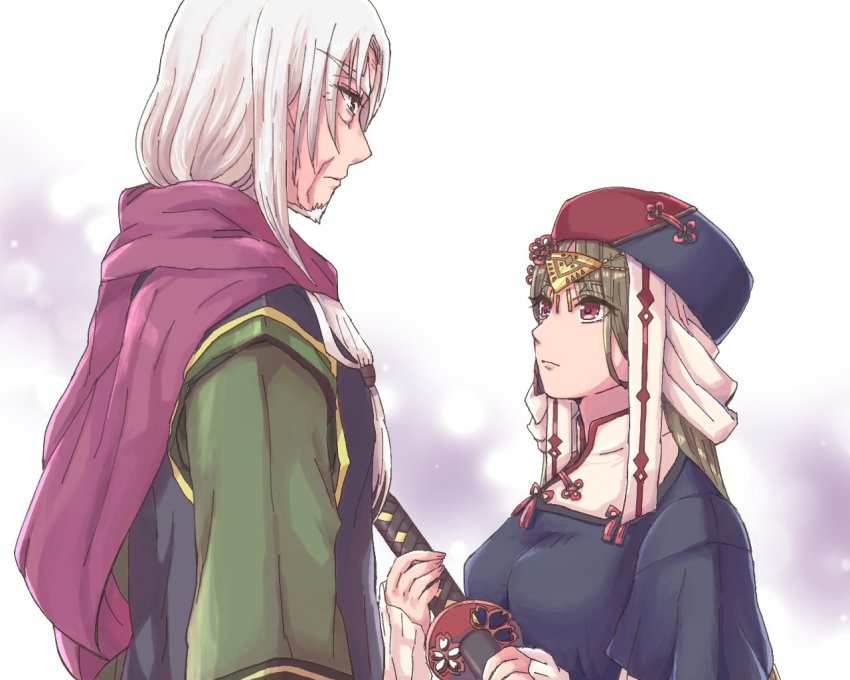 1boy, 1girl, age_difference, aged_up, ainu_clothes, aquaplus, beard, breasts