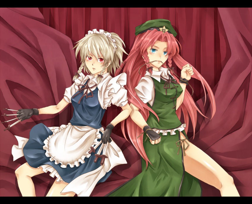 2girls, blue_eyes, braid, breasts, china_dress, chinese_clothes, dress, female_focus, hat, hong_meiling, immaterial_and_missing_power, izayoi_sakuya, izumo_sakuto, knife, long_hair, maid, multiple_girls, red_eyes, red_hair, short_hair, silver_hair, skirt, throwing_knife, touhou, twin_braids, weapon
