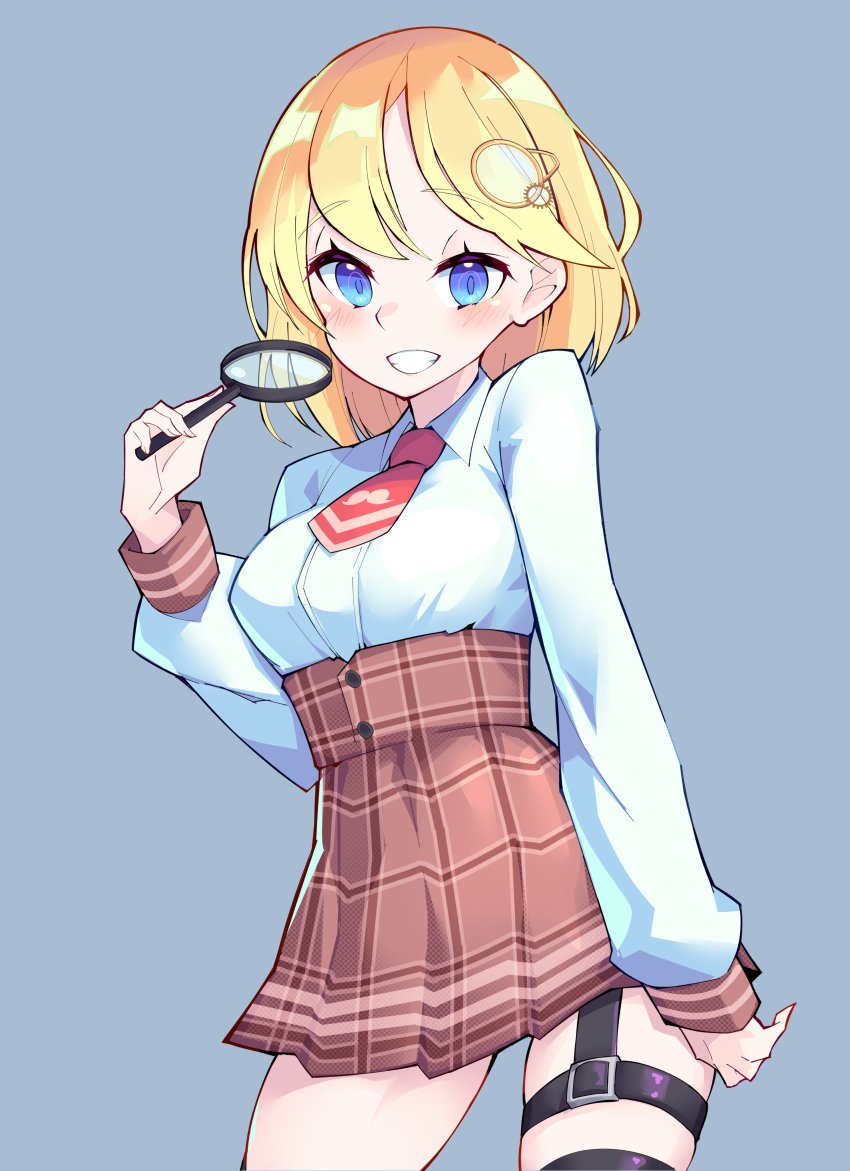 1girl, absurdres, arm_at_side, blonde_hair, blue_eyes, breasts, collared_shirt, contrapposto