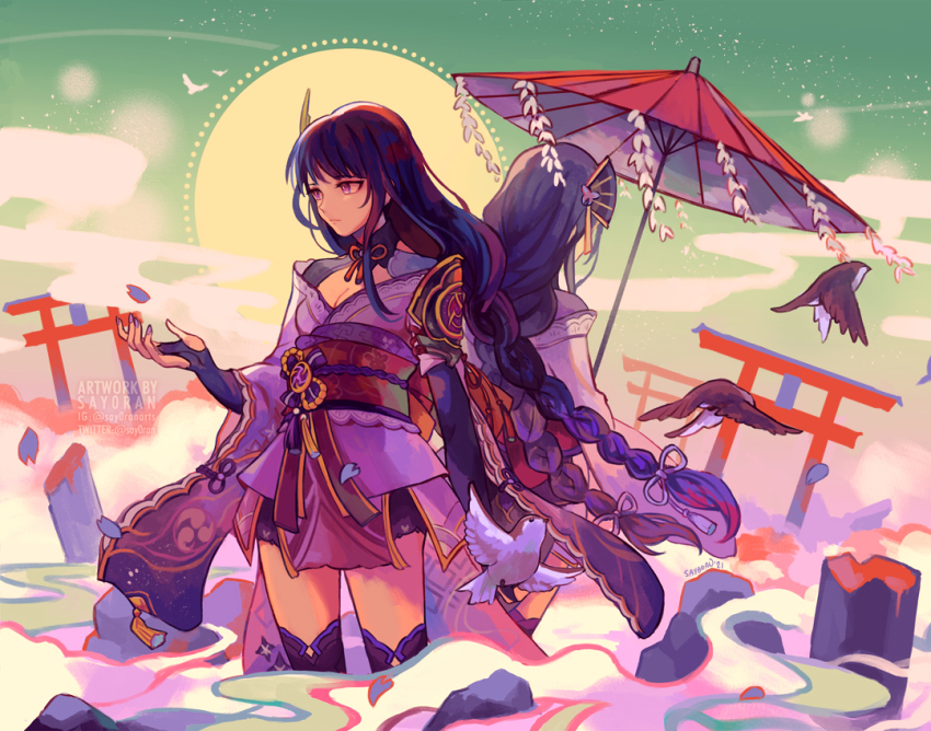2girls, back-to-back, bird, braid, breasts, bridal_gauntlets, cleavage, closed_mouth, coattails, commentary, english_commentary, falling_petals, floral_print, flower, genshin_impact, hair_ornament, japanese_clothes, kimono, lace, lace-trimmed_panties, lace_trim, large_breasts, light_particles, long_hair, long_sleeves, mitsudomoe_(shape), multiple_girls, nail_polish, obi, obiage, obijime, panties, petals, purple_eyes, purple_hair, purple_nails, raiden_shogun, ribbon, sash, say0ran, siblings, sisters, spoilers, tailcoat, tassel, thighhighs, tomoe_(symbol), torii, underwear, wide_sleeves