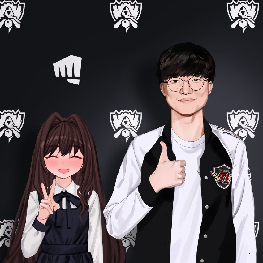 1boy, 1girl, :d, absurdres, black_dress, black_ribbon, blush, brown_hair, closed_eyes, closed_mouth, collared_shirt, dress, east_asian, elisia_valfelto, esports, facing_viewer, faker_(person), glasses, hair_intakes, highres, league_of_legends, long_hair, looking_at_viewer, luicent, neck_ribbon, open_mouth, original, real_life, real_life_insert, ribbon, round_eyewear, shirt, short_hair, smile, t1_(esports), thumbs_up, v, white_shirt, wing_collar