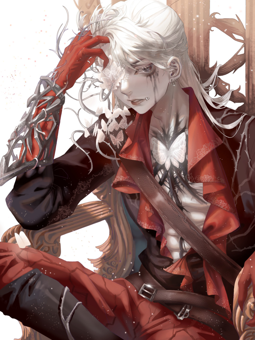 1boy, bug, butterfly, chair, earrings, facial_mark, gloves, guangmangyunyi