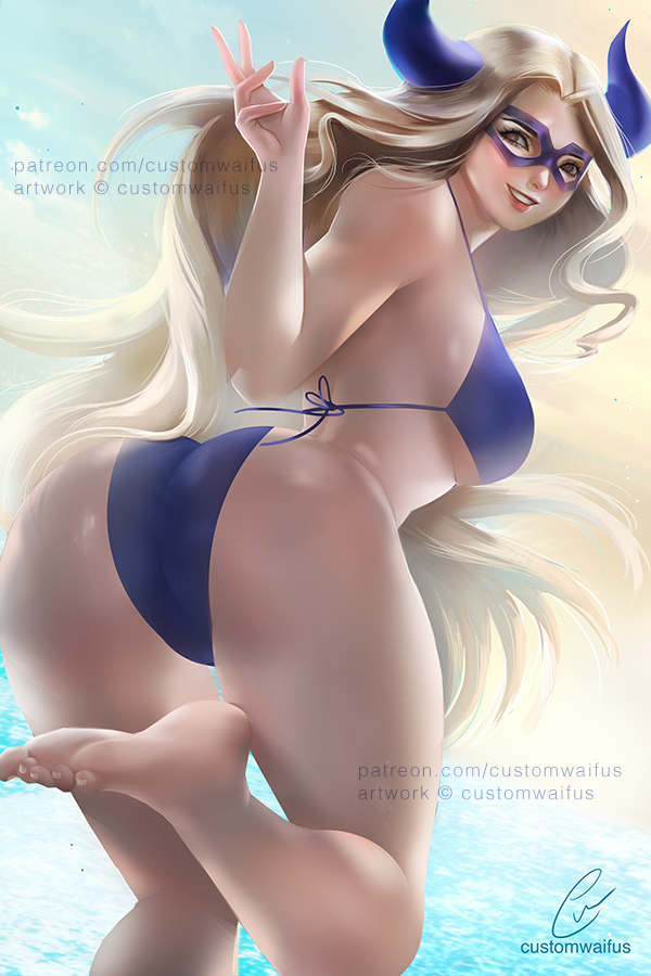1girl, barefoot, bikini, boku_no_hero_academia, custom_waifus, fake_horns, foot_out_of_frame, horns, long_hair, mask, mount_lady, swimsuit