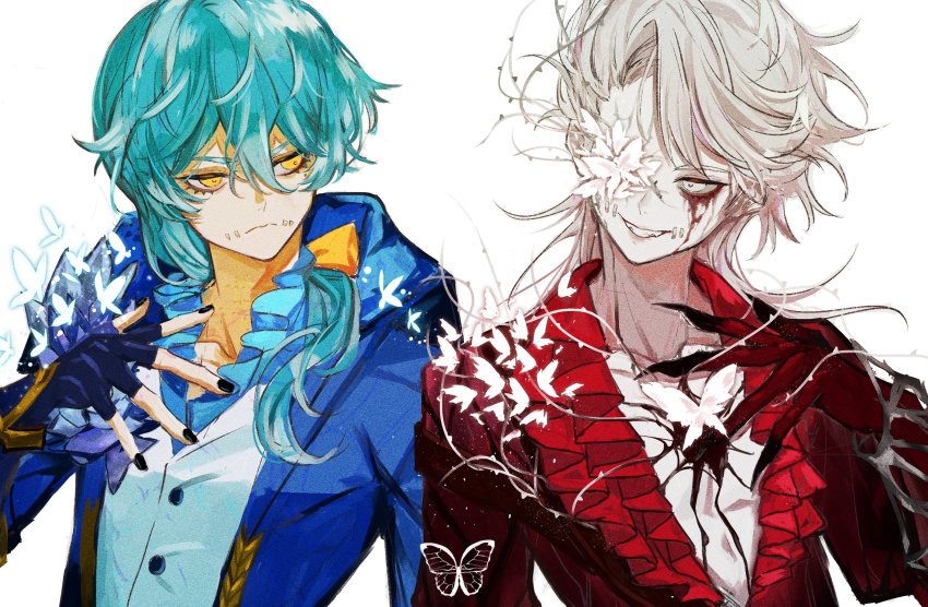 2boys, blouse, highres, identity_v, multiple_boys, naib_subedar, naib_subedar_(clarity), naib_subedar_(man_in_red), one_eye_covered, ponytail, red_shirt, salt_(sawa0609), shirt, tagme, white_background