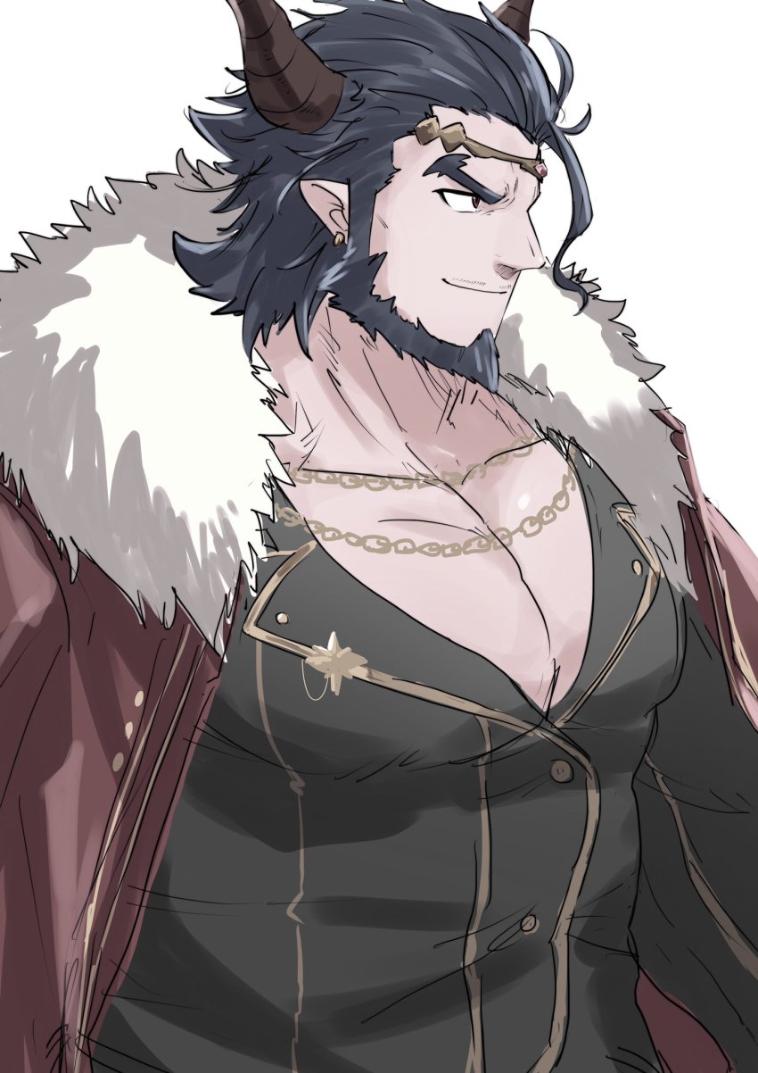 1boy, 1hao_(@cerbero64), alphecca_(live_a_hero), bara, beard, blue_hair, cape, dark_blue_hair, demon_boy, demon_horns, facial_hair, fur-trimmed_cape, fur_trim, highres, horns, large_pectorals, live_a_hero, long_sideburns, looking_to_the_side, male_focus, mature_male, muscular, muscular_male, partially_unbuttoned, pectoral_cleavage, pectorals, red_cape, short_hair, sideburns, smile, solo, thick_eyebrows, upper_body