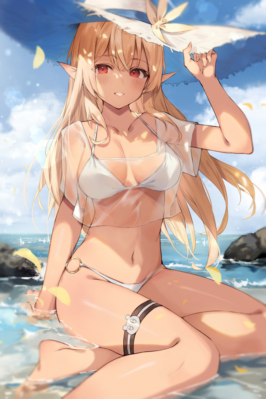 1girl, absurdres, beach, bikini, bikini_under_clothes, blonde_hair, blush, breasts