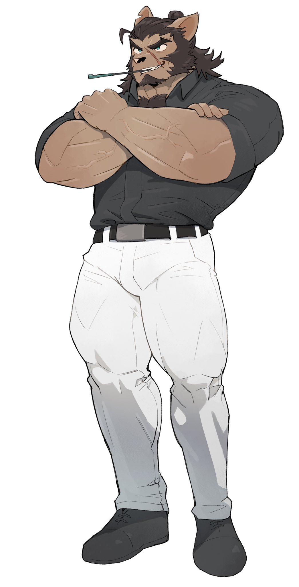 1boy, animal_ear_request, bara, belt, black_belt, black_shirt, brown_fur, brown_hair, bulge, crossed_arms, facial_hair, full_body, goatee, green_eyes, highres, long_sideburns, looking_to_the_side, male_focus, mature_male, muscular, muscular_male, navel, original, pants, scar, scar_on_face, scar_on_mouth, scar_on_nose, shirt, short_hair, sideburns, sleeves_rolled_up, smoking, solo, standing, syukapong, thick_eyebrows, thick_thighs, thighs, tight_clothes, tight_pants, veins, white_background, white_pants
