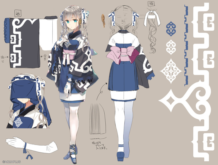 1girl, ainu_clothes, aqua_eyes, aquaplus, breasts, concept_art, copyright_name, curly_hair