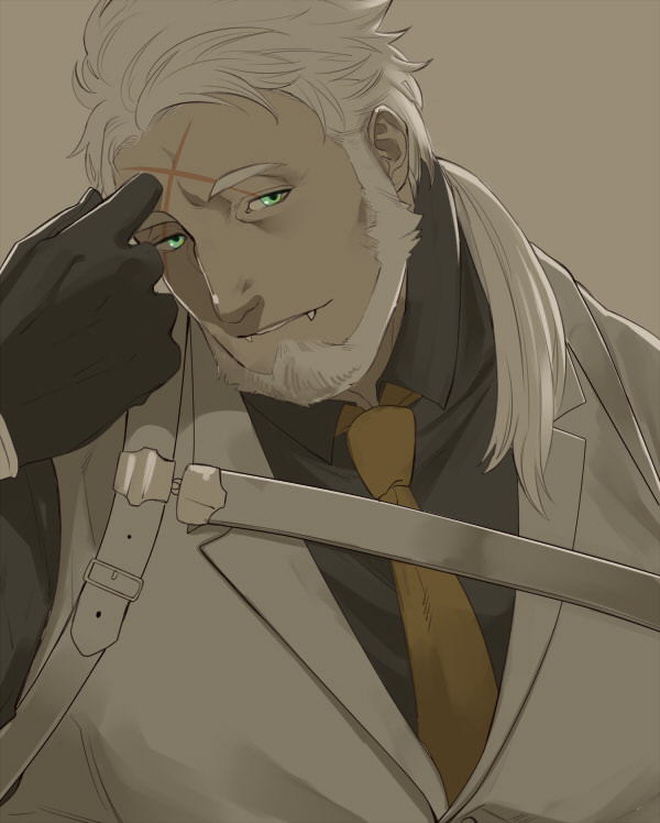 1boy, bad_id, bad_twitter_id, bara, beard, black_gloves, black_shirt, cross_scar