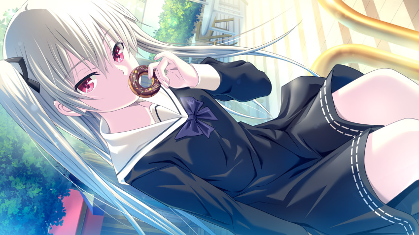 1girl, black_dress, black_ribbon, day, donut, dress, dutch_angle, floating_hair