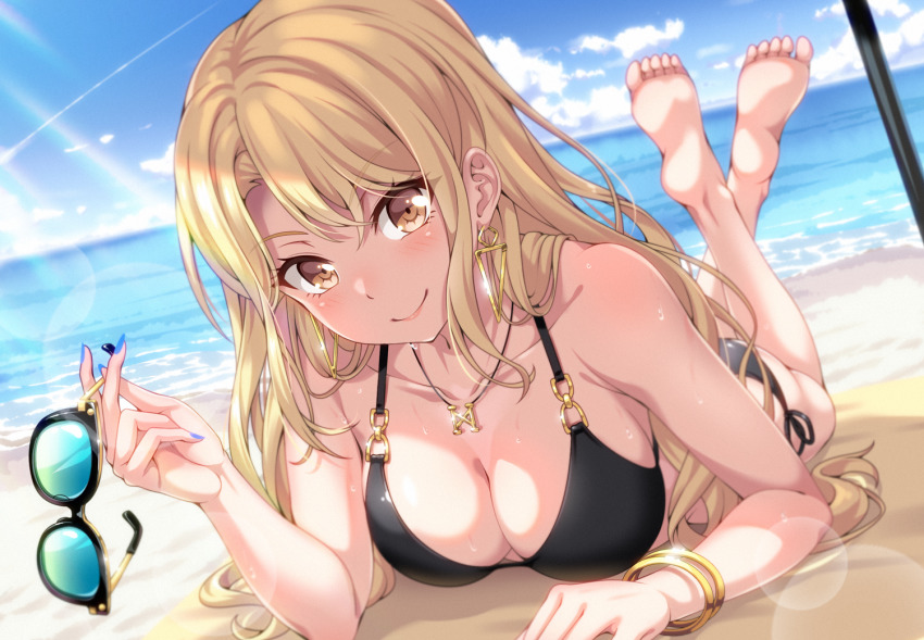 1girl, bang_dream!, bang_dream!_girls_band_party!, bare_arms, bare_legs, bare_shoulders, barefoot, beach, bikini, black_bikini, blonde_hair, blue-tinted_eyewear, blue_nails, blue_sky, blurry, blurry_background, blush, bracelet, breasts, brown_eyes, cage_unlimited, cleavage, closed_mouth, collarbone, commentary_request, crossed_ankles, day, depth_of_field, dutch_angle, earrings, feet_up, fingernails, foreshortening, glint, hair_spread_out, halterneck, hand_up, holding, holding_removed_eyewear, horizon, jewelry, kirigaya_toko, large_breasts, lens_flare, long_fingernails, long_hair, looking_at_viewer, lying, nail_polish, necklace, ocean, on_stomach, outdoors, pendant, shore, side-tie_bikini_bottom, sky, smile, soles, solo, sunglasses, sunlight, swimsuit, the_pose, tinted_eyewear, toes, unworn_eyewear, water, water_drop, wet