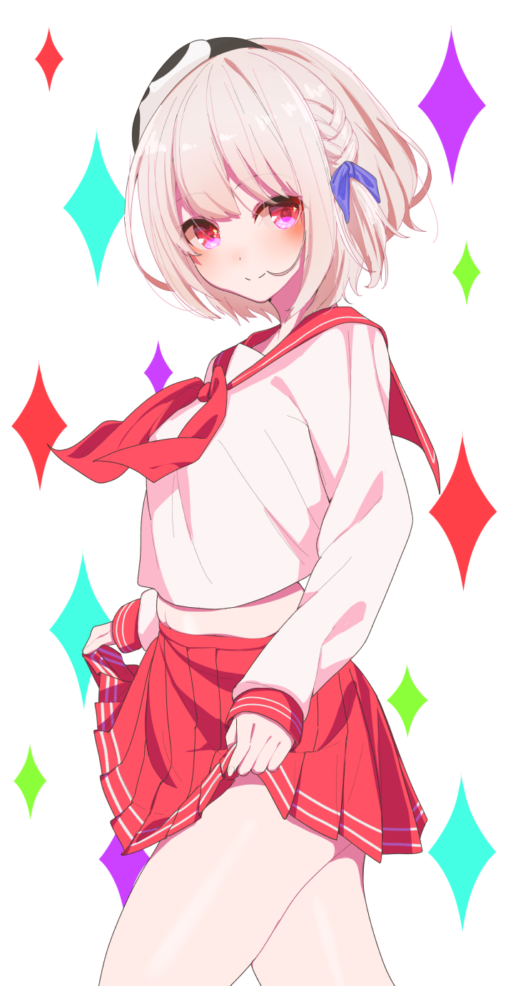 1girl, blush, braid, brown_hair, closed_mouth, commentary_request, highres, holding_own_skirt