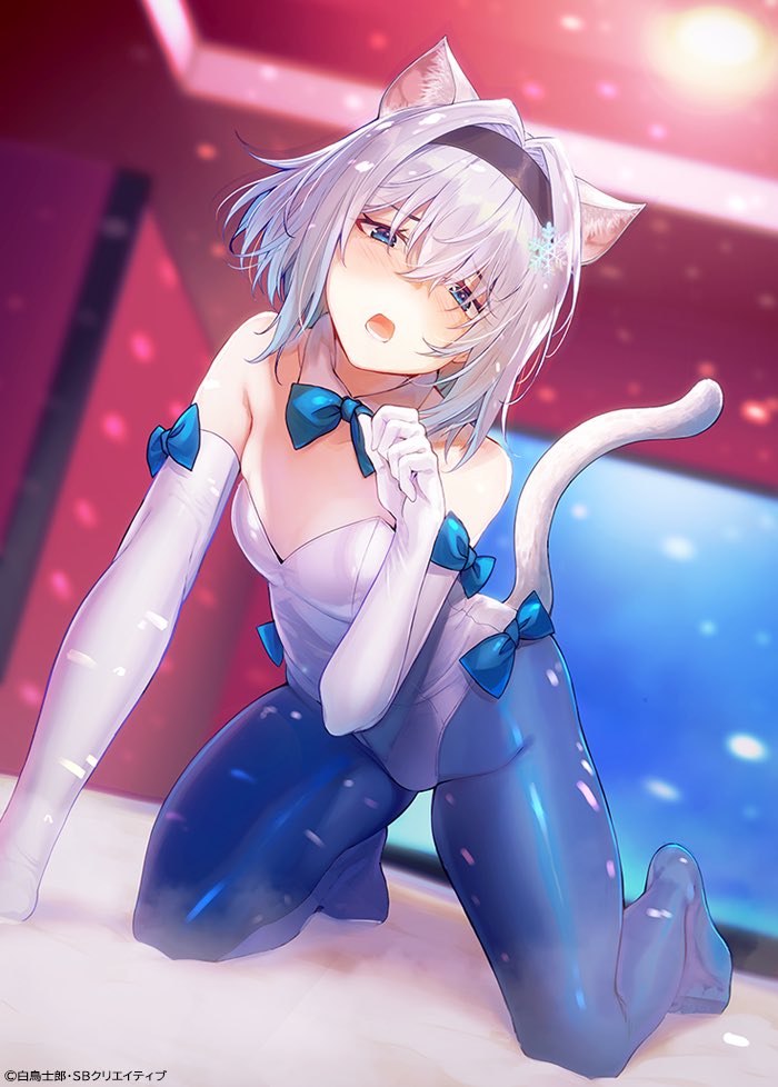 1girl, animal_ears, bare_shoulders, blue_bow, blue_eyes, blue_pantyhose, blurry, blurry_background
