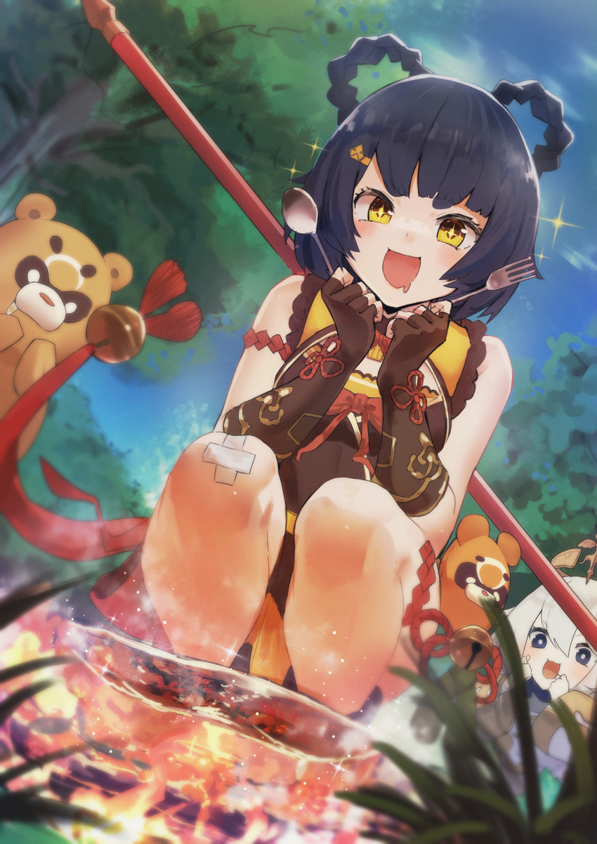 2girls, absurdres, bandaged_leg, bandages, bannouyakunta, black_gloves, blue_eyes, blue_hair, braid, china_dress, chinese_clothes, dress, drooling, fairy, fingerless_gloves, genshin_impact, gloves, grass, guoba_(genshin_impact), highres, huge_filesize, multiple_girls, open_mouth, paimon_(genshin_impact), sky, smile, sparkling_eyes, squatting, tree, twin_braids, white_hair, xiangling_(genshin_impact), yellow_eyes