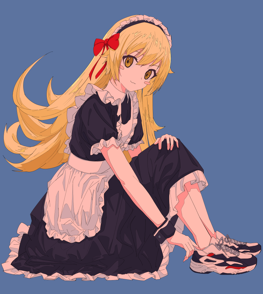 1girl, :3, absurdres, adjusting_clothes, adjusting_shoe, alternate_costume, apron, black_dress