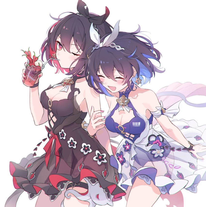2girls, armband, bare_shoulders, black_dress, black_hair, black_headwear, blue_hair, bow