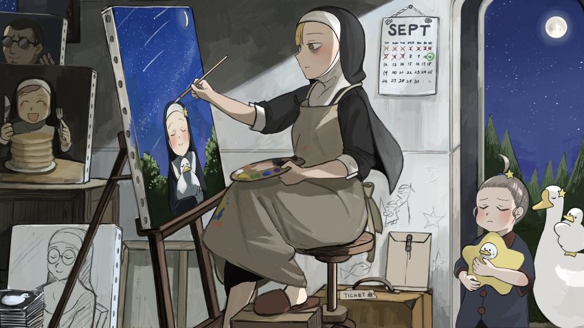 2girls, aged_down, animal, animal_hug, art_brush, bags_under_eyes, bird, blonde_hair, blue_pajamas, calendar_(object), canvas_(object), chicken, child's_drawing, closed_eyes, commentary, crescent_moon, diva_(hyxpk), doorway, duck, easel, english_commentary, envelope, father_(diva), food, fork, full_moon, goose, graffiti, grey_hair, habit, highres, holding, holding_brush, holding_paint_palette, knife, little_nuns_(diva), manila_envelope, moon, mother_superior_(diva), multiple_girls, night, nun, nun_headdress, paint_palette, paintbrush, painting_(action), painting_(object), pajamas, pancake, pancake_nun_(diva), pancake_stack, sandals, shooting_star, sketch, sleeves_rolled_up, slice_of_life, spicy_nun's_mother_(diva), star_(sky), star_(symbol), star_costume, star_nun_(diva), stool, suitcase, sunglasses, ticket, topknot, traditional_nun, walk-in, window, yellow_eyes