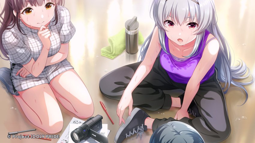 3girls, bottle, bra_strap, brown_hair, camera, copyright_notice, cygames, floor