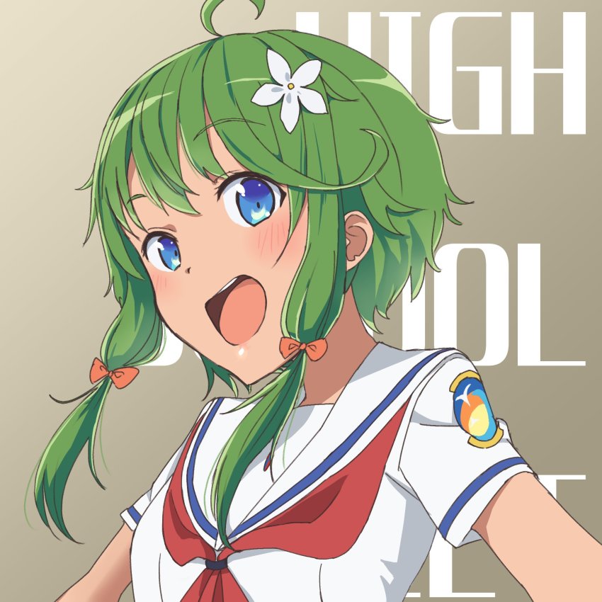 1girl, badge, blue_eyes, brown_background, copyright_name, dark-skinned_female, dark_skin, flower