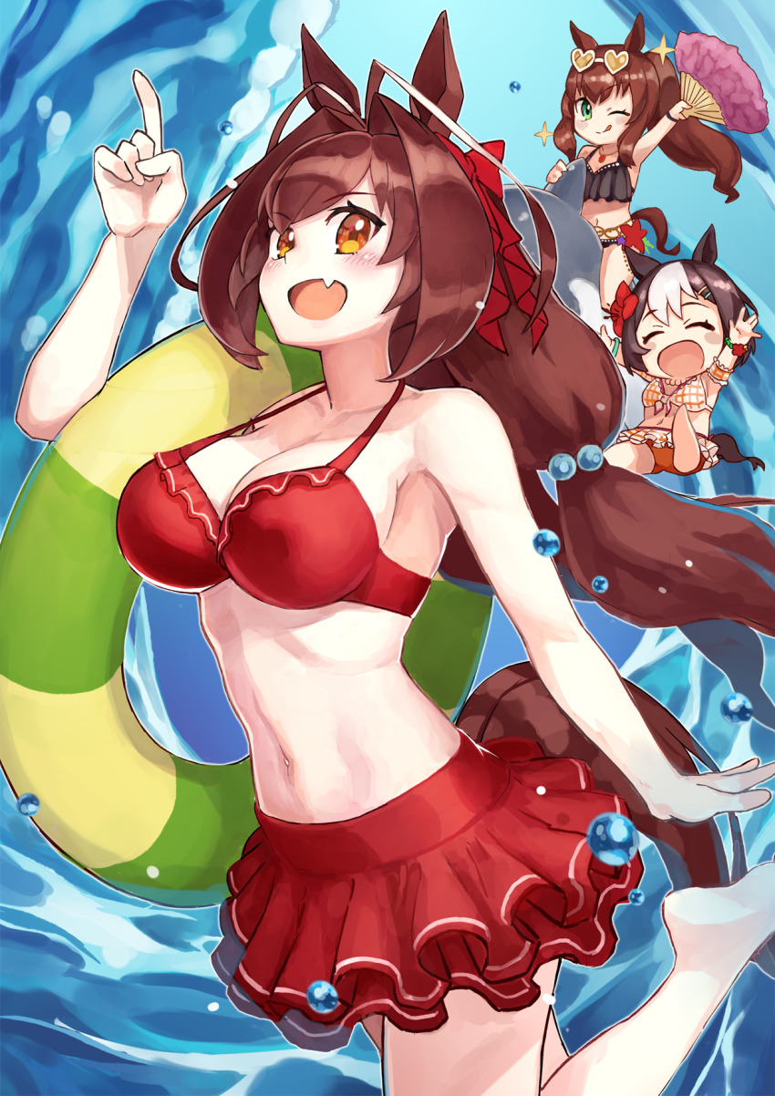 3girls, animal_ears, antenna_hair, bare_shoulders, bikini, bikini_skirt, breasts, brown_hair