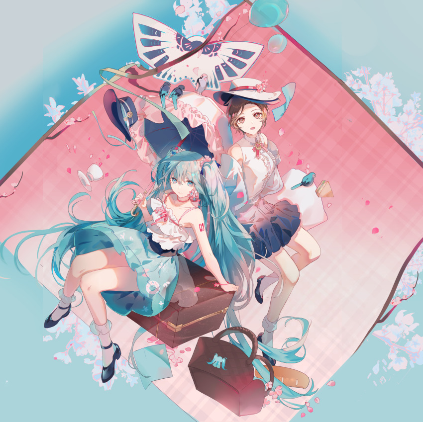 2girls, aqua_dress, aqua_eyes, aqua_hair, bag, bird, black_footwear, blouse, blue_bird, brown_eyes, brown_hair, collared_dress, cup, donut_print, dress, food, food_print, fre_(haochilanzuo), frilled_umbrella, frills, full_body, gradient_clothes, gradient_dress, handbag, hat, hatsune_miku, hatsune_miku_(miku_with_you_2020), highres, holding, holding_umbrella, knees_together_feet_apart, long_hair, meiko_(vocaloid), miniskirt, multiple_girls, number_tattoo, open_mouth, sandwich, saucer, shirt, shoes, short_hair, shoulder_tattoo, side-by-side, simple_background, skirt, sleeveless, sleeveless_dress, sleeveless_shirt, smile, socks, tagme, tattoo, teacup, twintails, umbrella, very_long_hair, vocaloid, white_legwear, white_shirt