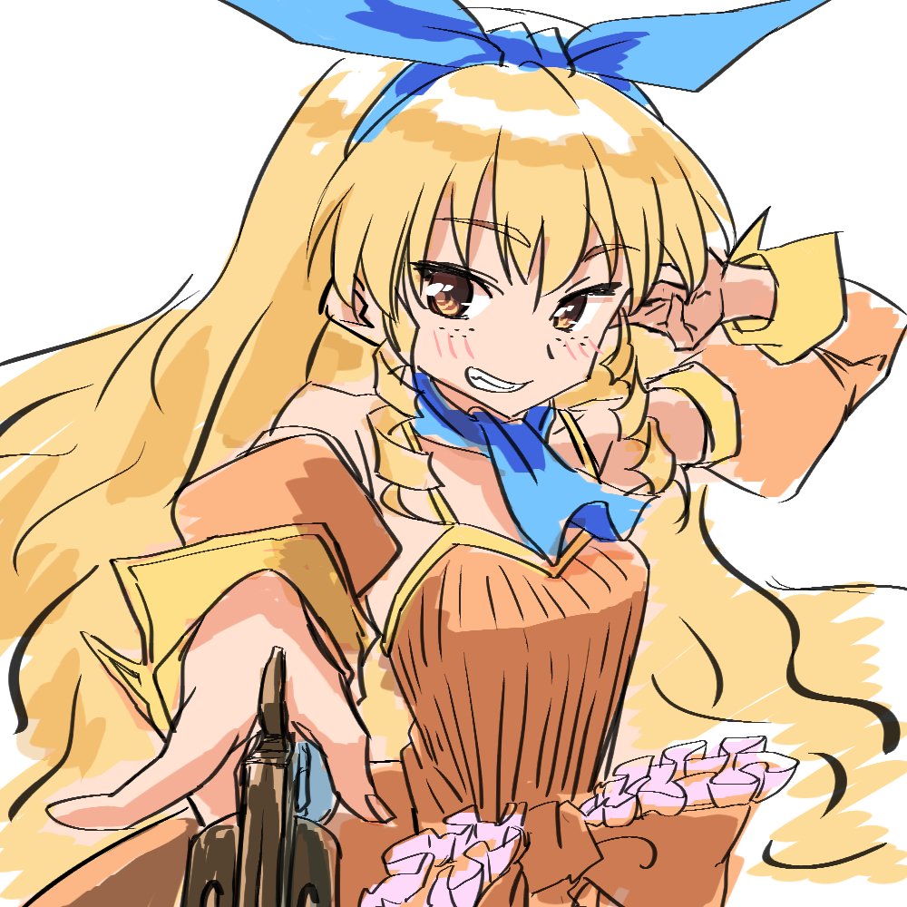 1girl, blonde_hair, blue_neckwear, blush, bow, breasts, brown_eyes, calamity_jane, detached_sleeves, dress, freckles, gun, hair_ribbon, jane_maxwell, long_hair, looking_at_viewer, nyantiu, orange_dress, orange_sleeves, ribbon, simple_background, smile, solo, waist_bow, weapon, white_background, wild_arms, wild_arms_1